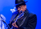 IMG 5561  Roy Ganes (guitar, chant), David Melton (guitare), Richard Reed (basse),  James Paxson (batterie), Joe Cambpell  (trompette), Lawrence Kincherlow (sax ténor). : 2015, BLUES, CONCERT, ROCK, ROY GAINES AND HIS TUXEDO BLUES ORCHESTRA, TREMBLAY EN FRANCE