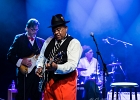 IMG 5574  Roy Ganes (guitar, chant), David Melton (guitare), Richard Reed (basse),  James Paxson (batterie), Joe Cambpell  (trompette), Lawrence Kincherlow (sax ténor). : 2015, BLUES, CONCERT, ROCK, ROY GAINES AND HIS TUXEDO BLUES ORCHESTRA, TREMBLAY EN FRANCE